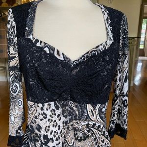 Joseph Ribkoff lace, sequins and paisley animal print top.